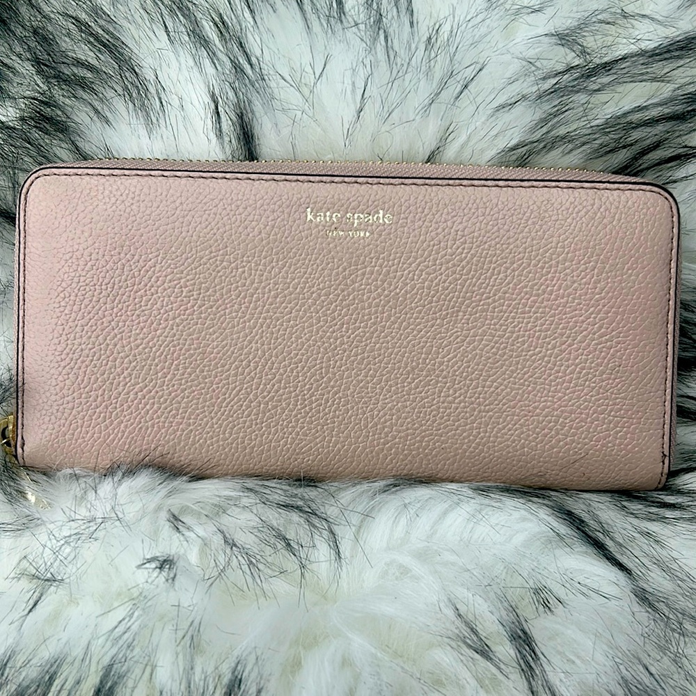 Kate Spade pale blush pink zip around wallet, burgundy interior, EUC
